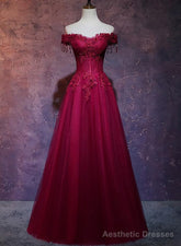 Wine Red Tulle Sweetheart Long Prom Dress, A-line Party Dress